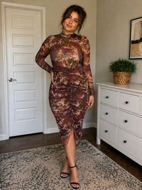 Fashion Nova Renaissance Mesh Ruched Bodycon Dress 1X Sheer Long Sleeve